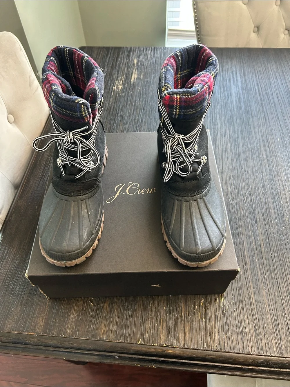J. Crew Black Duck Boots with Red Plaid Cuff